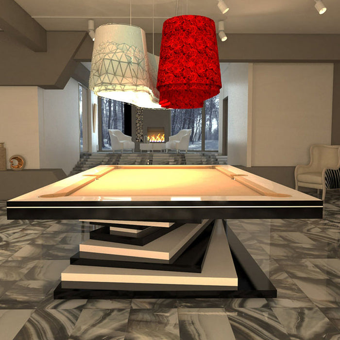 An MBM Biliardi Ziggurat pool table with a light wood frame and black accents, under unique art deco style pendant lamps in a modern room.