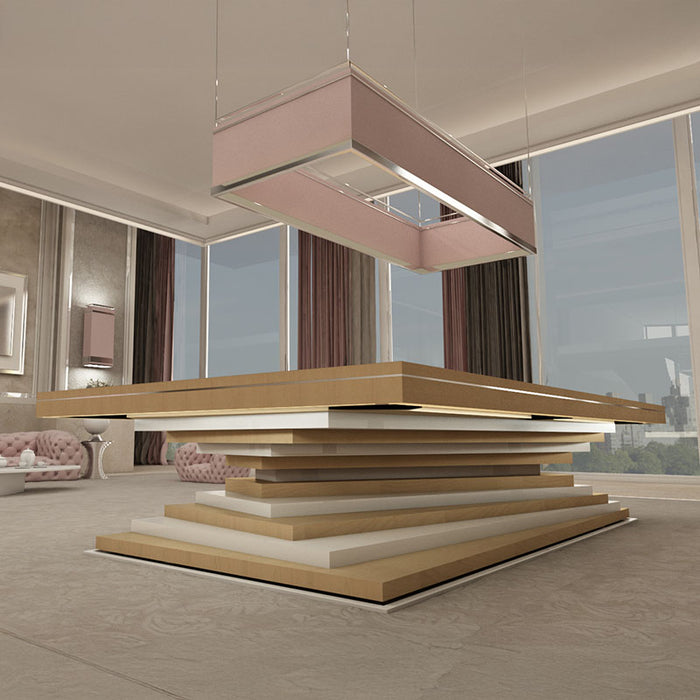 A chic MBM Biliardi Ziggurat pool table with a light wood frame, white accents, and a pink playing surface, in a modern and stylish interior.