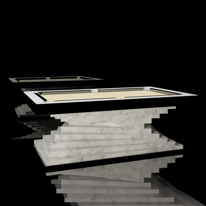 A 3D render of the MBM Biliardi Ziggurat pool table with a stunning marble-like base, reflecting on a dark, glossy surface.