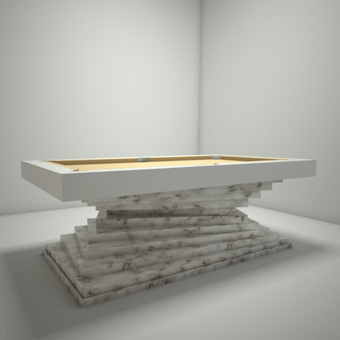 A clean 3D render of the MBM Biliardi Ziggurat pool table, showcasing its elegant white frame and textured marble-style base against a minimalist white background.