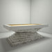 A clean 3D render of the MBM Biliardi Ziggurat pool table, showcasing its elegant white frame and textured marble-style base against a minimalist white background.