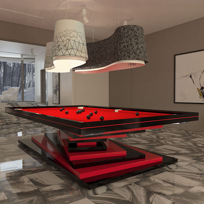 A striking red and black MBM Biliardi Ziggurat pool table in a contemporary luxury home setting, featuring unique pendant lamps and abstract art.