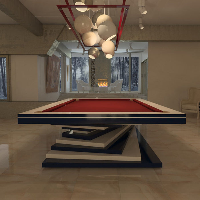 A sophisticated grey and white MBM Biliardi Ziggurat pool table in a modern luxury home interior with large windows.