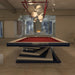A sophisticated grey and white MBM Biliardi Ziggurat pool table in a modern luxury home interior with large windows.