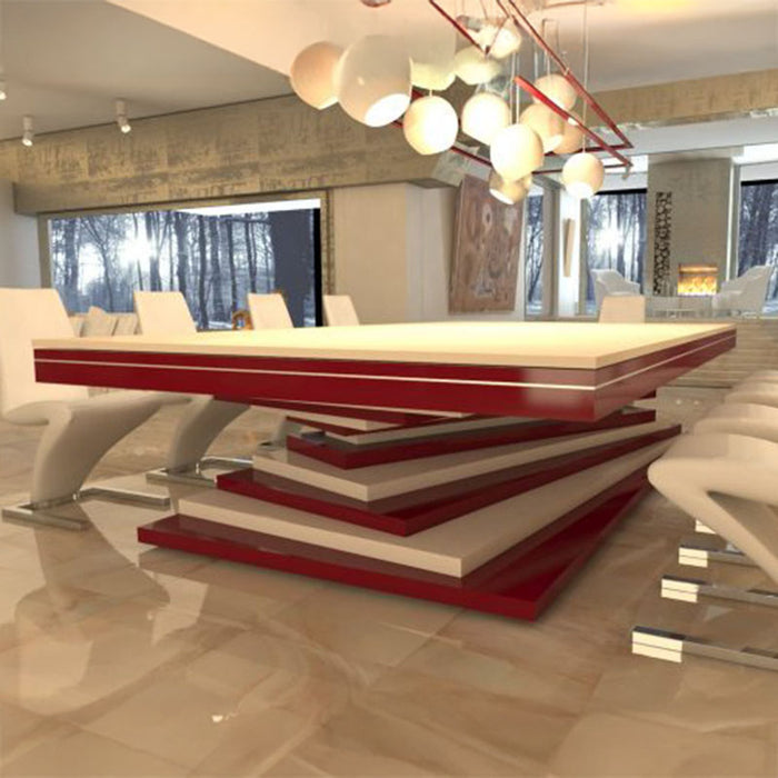 A versatile MBM Biliardi Ziggurat pool table in red and white, shown with modern white chairs, functioning as a dining table in a luxury home.