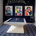 A stylish white MBM Biliardi Ziggurat pool table with a blue felt surface, featured in a modern home entertainment space with contemporary art.