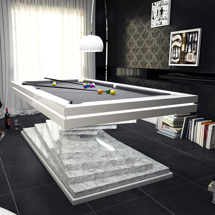 A contemporary MBM Biliardi Ziggurat pool table with a white frame and marble-effect base, situated in a striking black and white themed room.