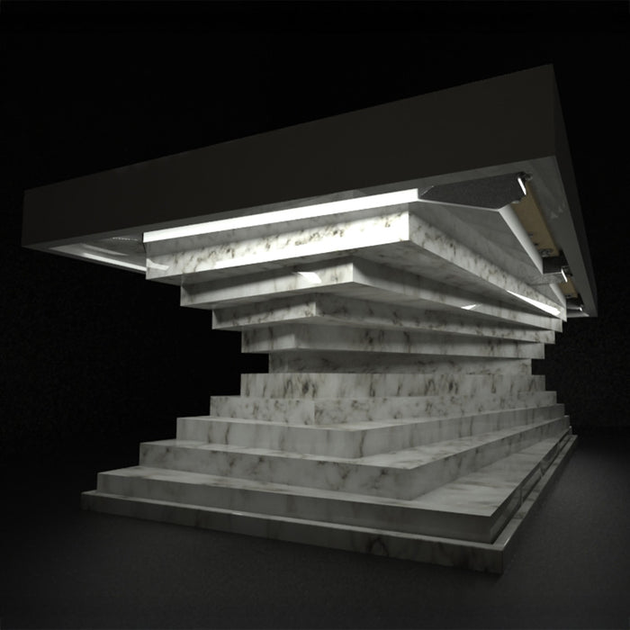A dramatic low-angle render of the MBM Biliardi Ziggurat pool table with a black frame and a spiraling white marble-effect base, set against a dark background.