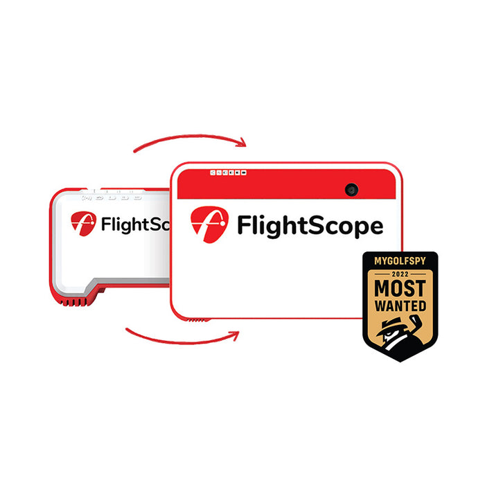 FlightScope Mevo+ monitor next to "Most Wanted" badge. 