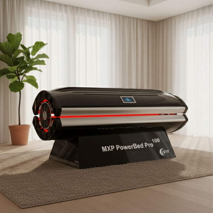 MXP PowerBed Pro 100 red light therapy pod in a tranquil home spa room with soft natural daylight, perfect for premium light wellness and recovery therapy.