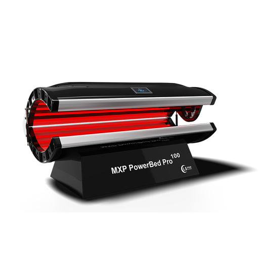 MXP PowerBed Pro 100 red light therapy bed shown with open canopy and glowing red LED panels, designed for advanced photobiomodulation and wellness therapy.