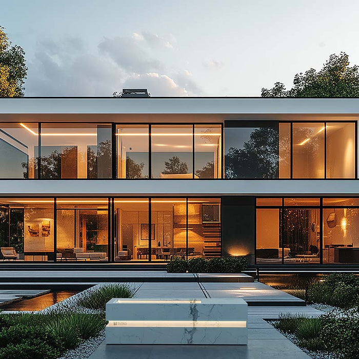 Elegant white marble Nordic Vitality LOKI Ice Bath on the grounds of a contemporary luxury home, lit beautifully for stylish outdoor wellness.