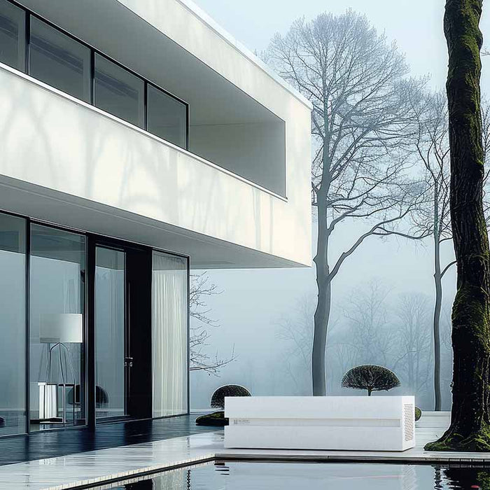 Nordic Vitality LOKI Ice Bath in sleek white design set beside a minimalist modern villa, ideal for cold water immersion in serene outdoor settings.