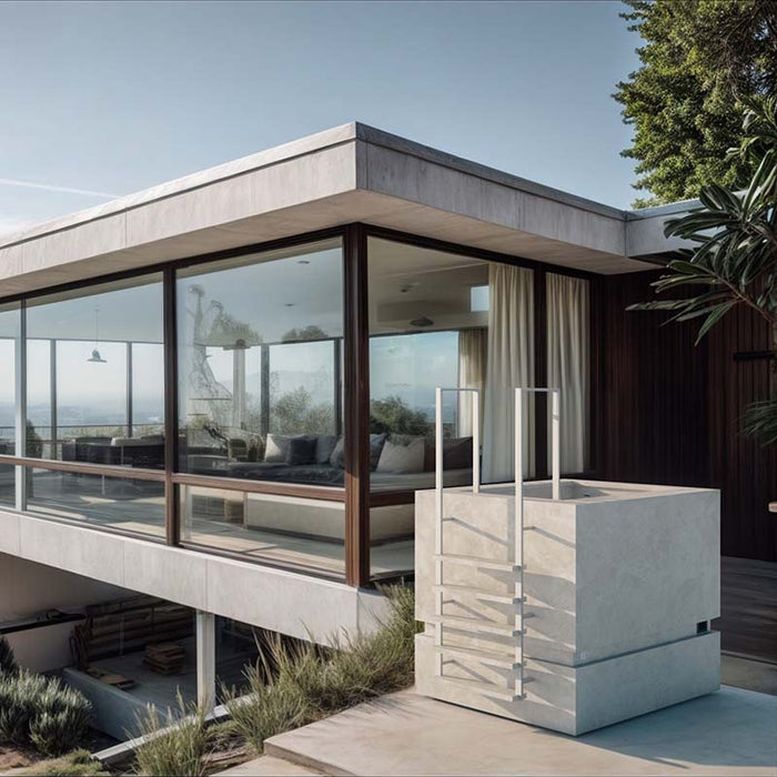 Nordic Vitality THOR Ice Bath in Diamond Cream finish situated on a stylish terrace outside a modern hillside home overlooking a cityscape.