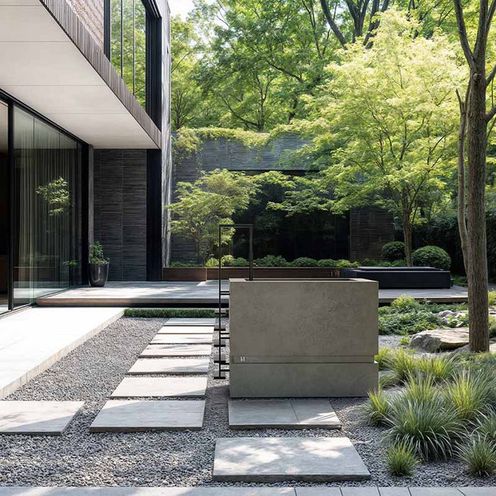 Nordic Vitality THOR Ice Bath in Grigio Blend finish placed in a contemporary Japanese garden with stone path, foliage, and modern architecture.