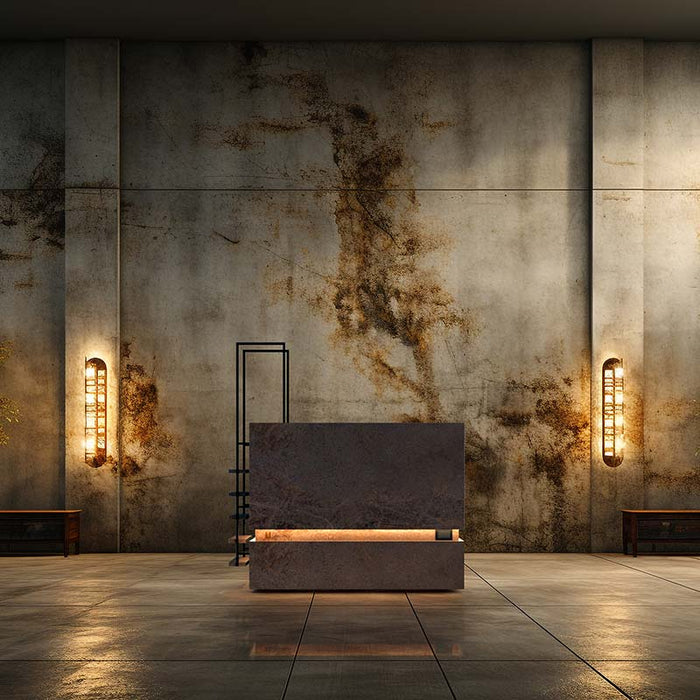 Nordic Vitality THOR Ice Bath in Porfido Marrone finish placed indoors against a rustic industrial wall with ambient wall lighting.