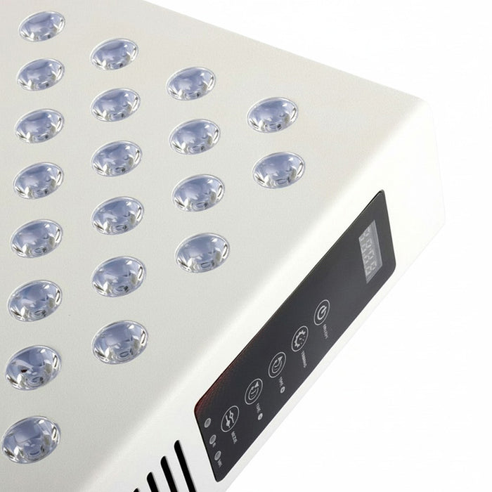 Close-up view of Nuvibody CORE 1500 QUAD showing precision lens array and digital control panel, engineered for targeted and user-friendly red light therapy sessions.
