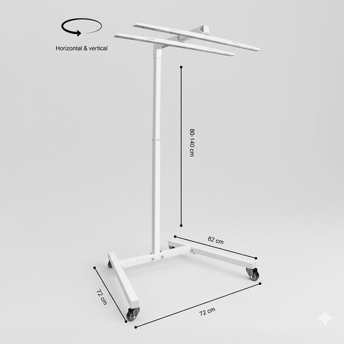Adjustable mobile stand for Nuvibody CORE 1500 QUAD Red Light Therapy Device with 360° rotation, showing height range and base measurements for flexible treatment positioning.