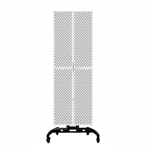 Nuvibody CORE 1500 QUAD Red Light Therapy Device shown mounted on wheeled stand with visible warranty and money-back guarantee for secure and effective treatment experience.
