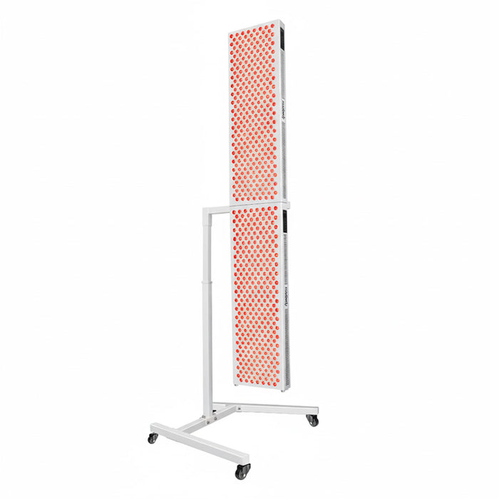 Nuvibody CORE 1500 QUAD Red Light Therapy Device mounted vertically on height-adjustable stand with wheels, ideal for hands-free full-body treatment.