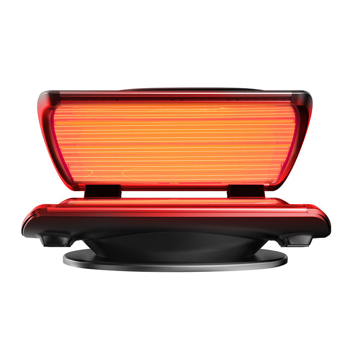 Straight-on front view of the Nuvibody CORE bed with high-intensity red light fully illuminated inside for treatment.