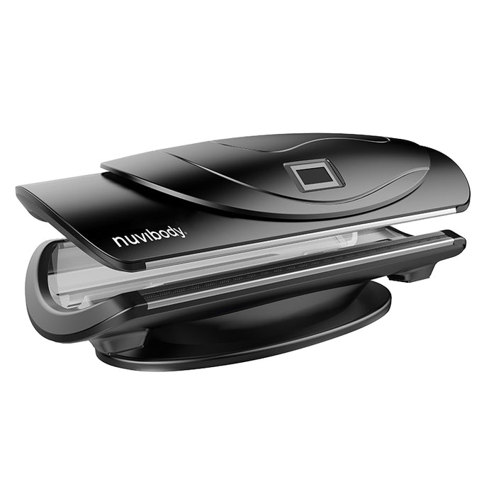 Angled front-left perspective of the Nuvibody CORE LED light therapy bed, highlighting the modern black casing and curved contours.