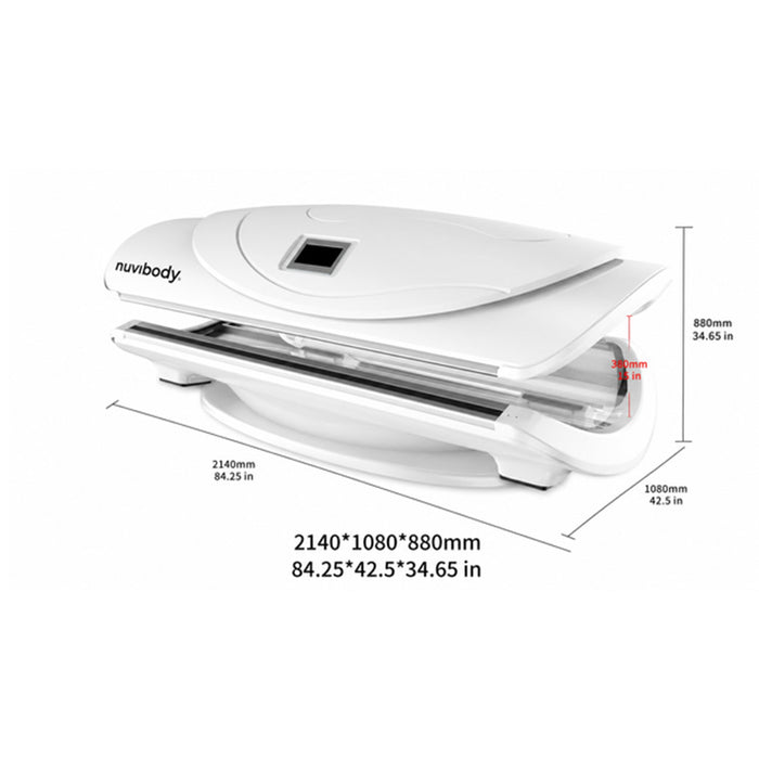 Nuvibody CORE Red Light Therapy Bed in closed position with dimensions shown, featuring a professional full-body red light therapy and wellness treatment system.