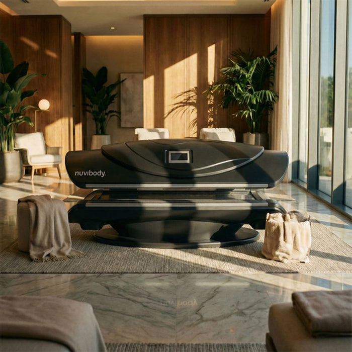 Nuvibody CORE Red Light Therapy Bed in a luxury wellness spa environment, closed lifestyle view highlighting premium full-body light therapy equipment for recovery and relaxation.