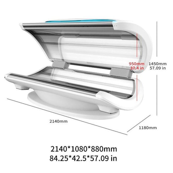 Nuvibody CORE Red Light Therapy Bed open configuration with dimensions displayed, showcasing a full-body LED light therapy system and product specifications.