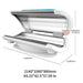 Nuvibody CORE Red Light Therapy Bed open configuration with dimensions displayed, showcasing a full-body LED light therapy system and product specifications.