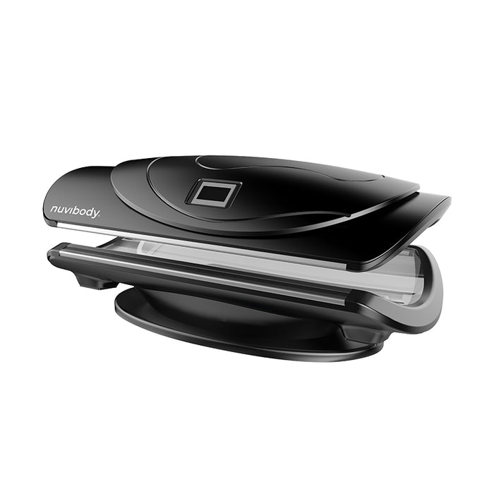 Side-angle view of the Nuvibody CORE red light therapy capsule, closed position with advanced ergonomic shell.