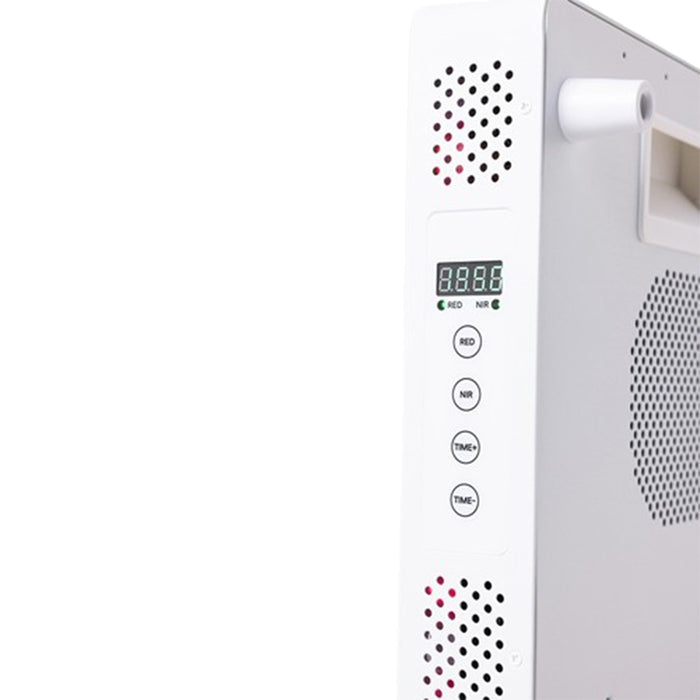 Side close-up of Nuvibody LITE 1500 showing digital timer, control buttons, and ventilation system for custom light therapy sessions.