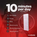 Nuvibody LITE 1500 Red Light Panel with overlayed text showing wellness benefits like improved skin, sleep, muscle growth, and energy with 10 minutes of daily use.