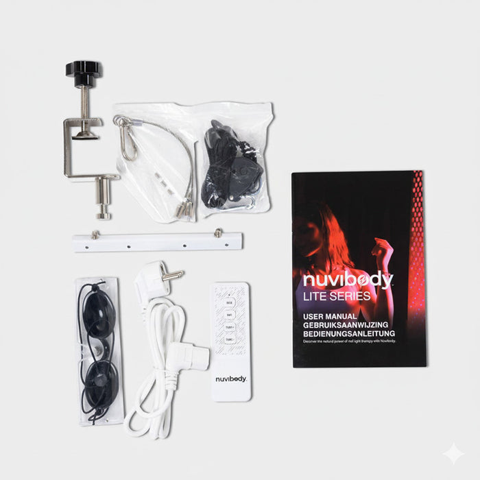 Complete accessory kit for Nuvibody LITE 1500 Red Light Therapy Panel including remote control, power cables, safety goggles, mounting hardware, and multilingual user manual.