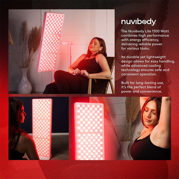 Woman using Nuvibody LITE 1500 Red Light Therapy Panel for full-body red light treatment at home; panel emits therapeutic red and near-infrared light.