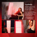 Woman using Nuvibody LITE 1500 Red Light Therapy Panel for full-body red light treatment at home; panel emits therapeutic red and near-infrared light.