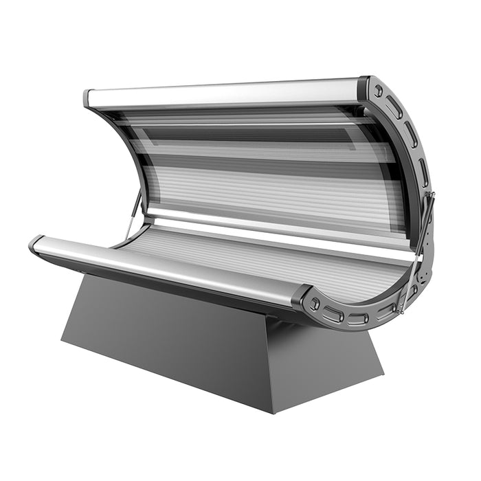 Angled perspective of the Nuvibody LITE red light bed showing open curved canopy and high-efficiency LED panel layout for body treatments.