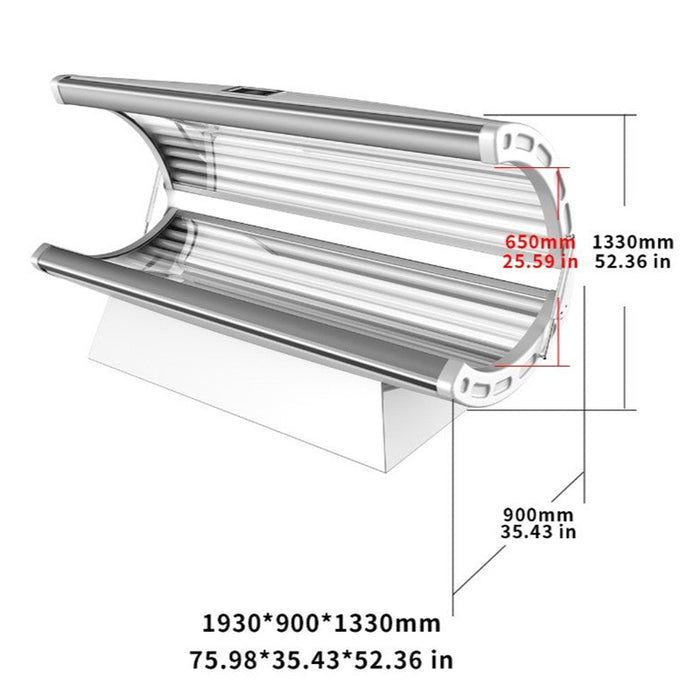 Nuvibody LITE Red Light Therapy Bed dimensions diagram showing open-clamshell design, full-body LED therapy system measurements and specifications.