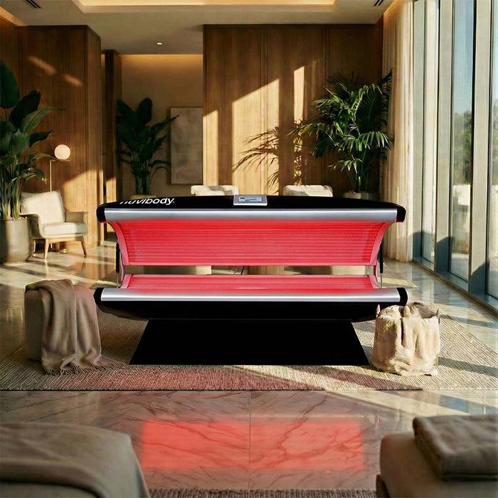 Nuvibody LITE Red Light Therapy Bed in a luxury wellness setting, featuring full-body red LED light therapy for relaxation and recovery.
