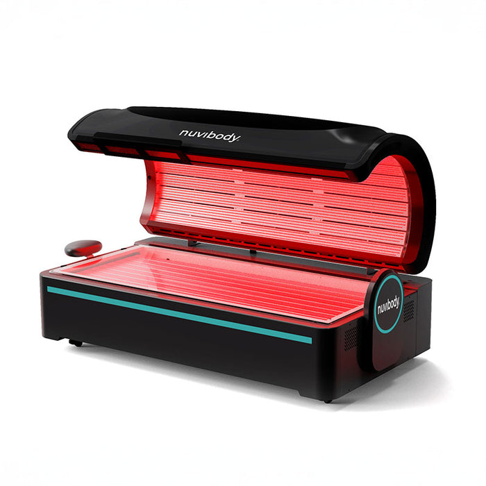 Black Nuvibody PRO red light therapy bed with red LED lights fully open, angled for optimal phototherapy exposure and comfort.