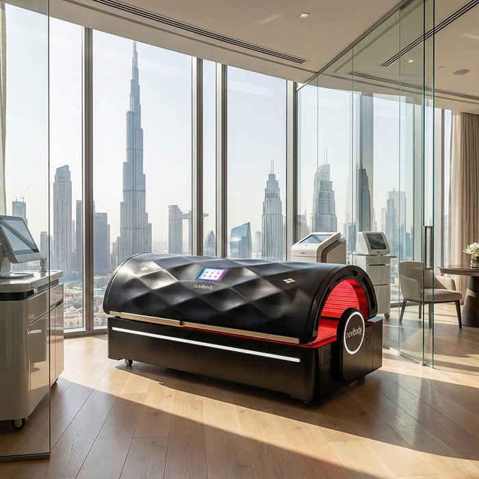 Nuvibody PRO Red Light Therapy Bed in a luxury wellness clinic overlooking a city skyline, featuring a premium full-body red light therapy and recovery system.
