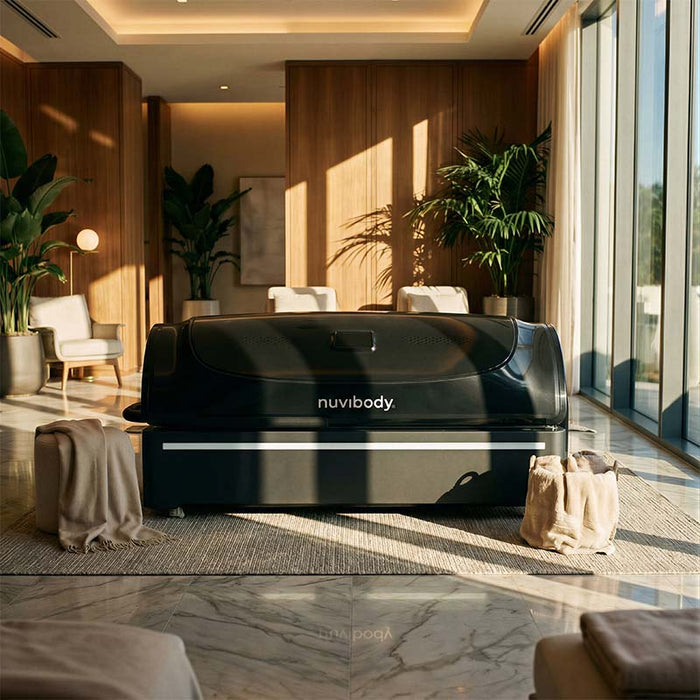 Nuvibody PRO Red Light Therapy Bed in closed position within a luxury spa environment, showcasing a professional full-body photobiomodulation therapy system.