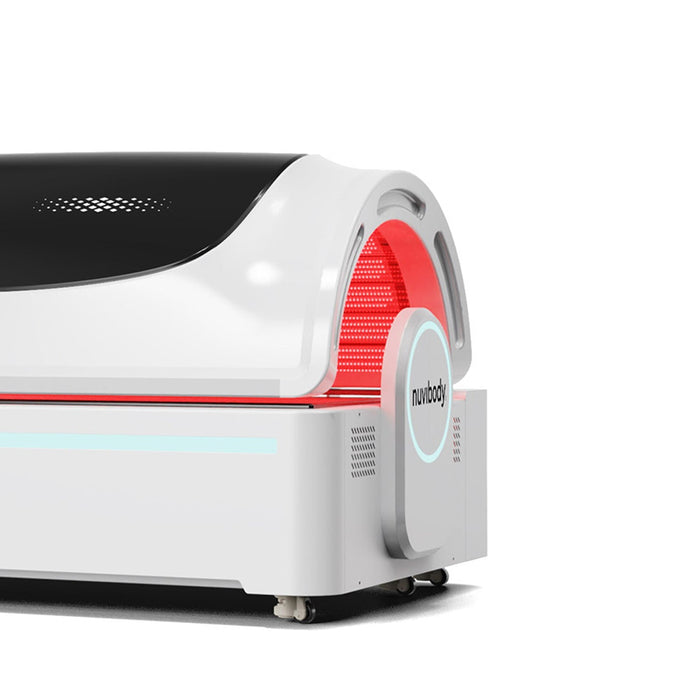 Close-up of the Nuvibody PRO Red Light Therapy Bed front opening, highlighting integrated red LED therapy panels and sleek professional design.