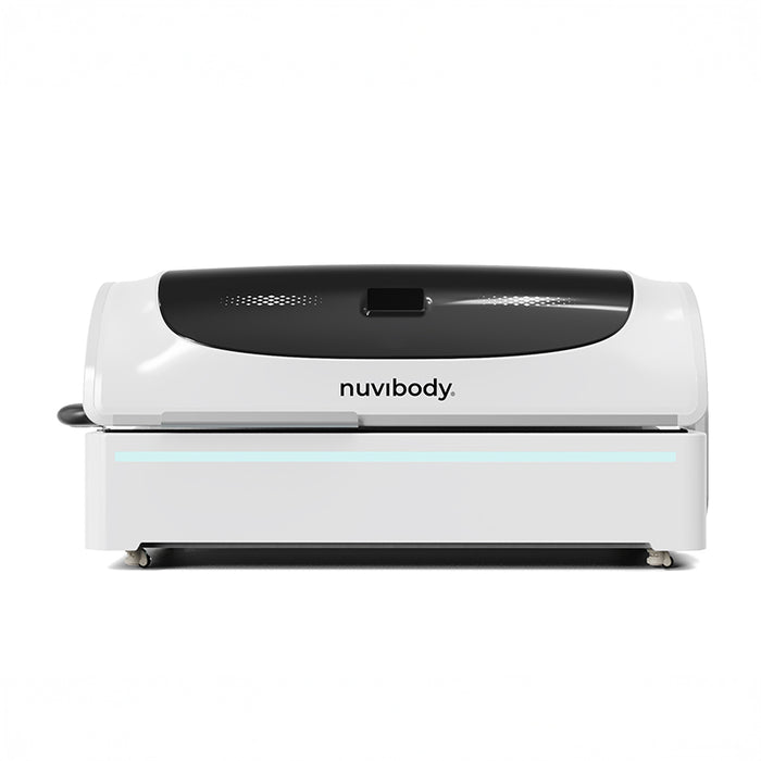 Front view of the Nuvibody PRO red light therapy bed in elegant white and black colour scheme, fully closed and compact.