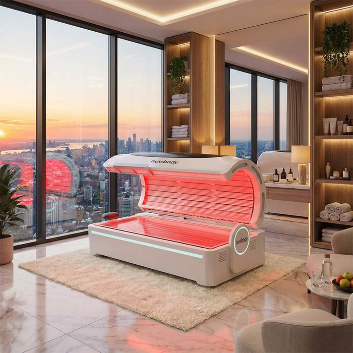 Nuvibody PRO Red Light Therapy Bed with illuminated red LED panels in an upscale wellness suite, providing full-body red light therapy for recovery, relaxation and skin rejuvenation.