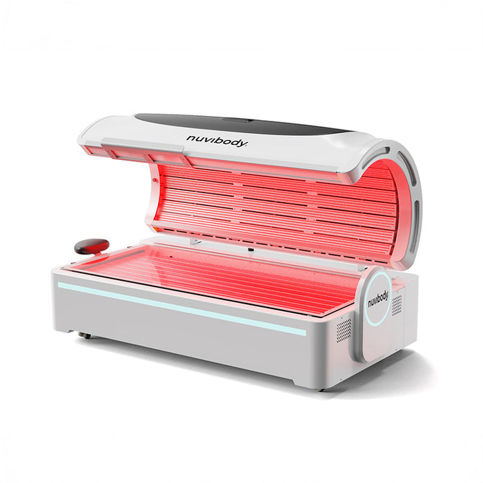 Nuvibody PRO red light therapy bed in white finish, open view showcasing dual-panel LED setup for total body photobiomodulation.