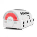 Rear angled view of the white Nuvibody PRO red light therapy bed displaying ventilated panels and rear branding illuminated.