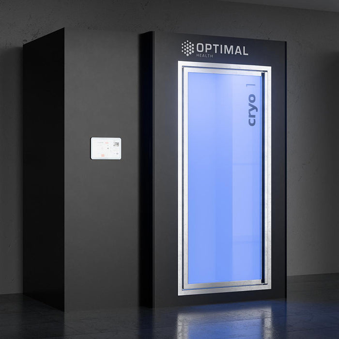 Electric cryotherapy chamber by Optimal Health in matte black finish, featuring a sleek design with illuminated door and integrated control panel for advanced cold therapy treatments.