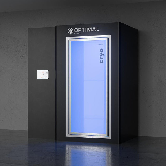 Black electric cryotherapy unit from Optimal Health with blue-lit cryo door and integrated wall control, offering professional-grade cold therapy in a contemporary design.