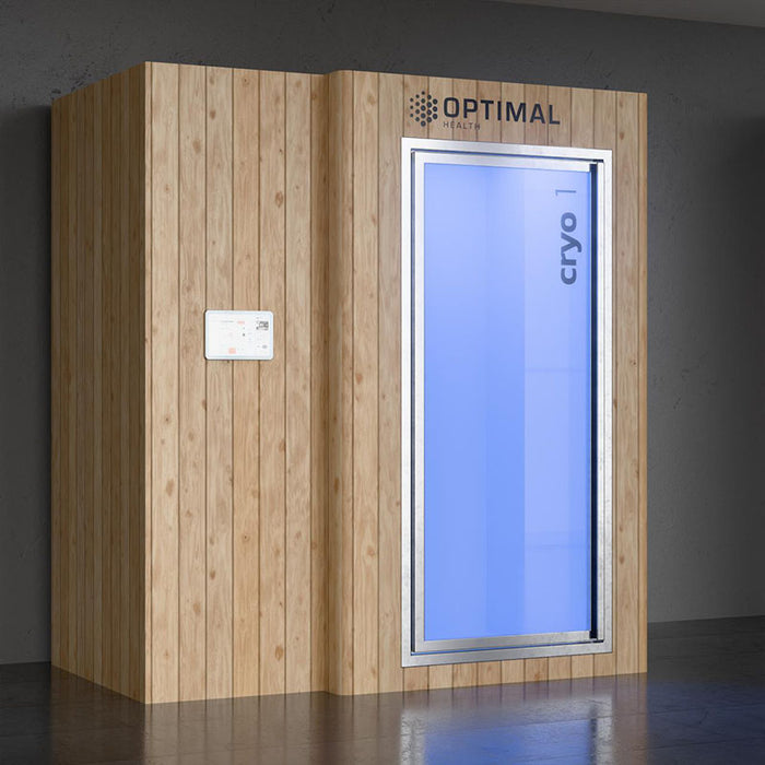 Modern electric cryotherapy pod by Optimal Health with vertical timber cladding, blue glass door and smart interface for targeted cold therapy and recovery.